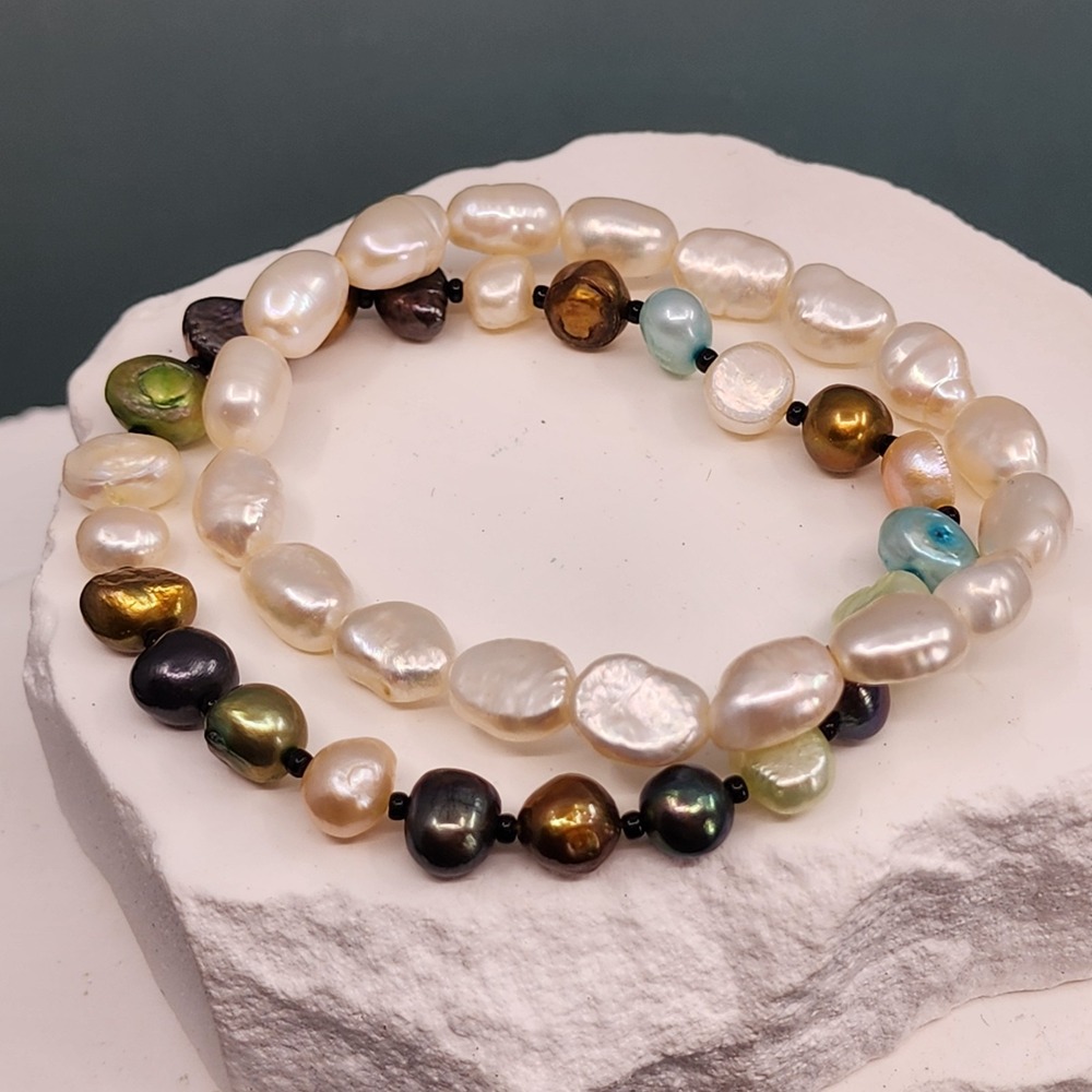 2 Pc Baroque Faux Pearl Beaded Stretch Bracelet Set White Multicolor Statement